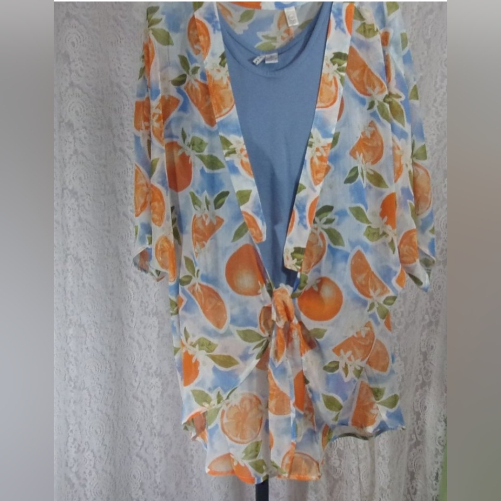 Summer Kimono Top Set Blue Orange Oranges Print.   Size M  NWT